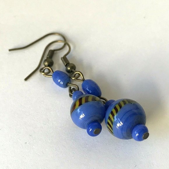 Vintage Blue Murano Glass Bead Earrings Dangle Montana Gold Plated - Picture 5 of 10